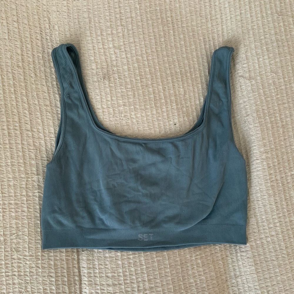 Set Active Blue Ribbed Sports Bra Crop Tank Top Workout Yoga Size Large Women’s